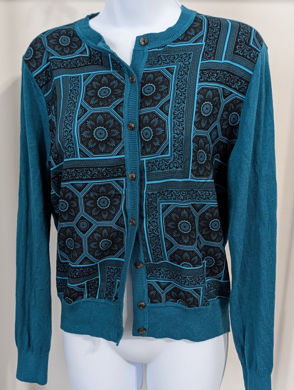 Ann Taylor Teal and Black Patterned Cardigan